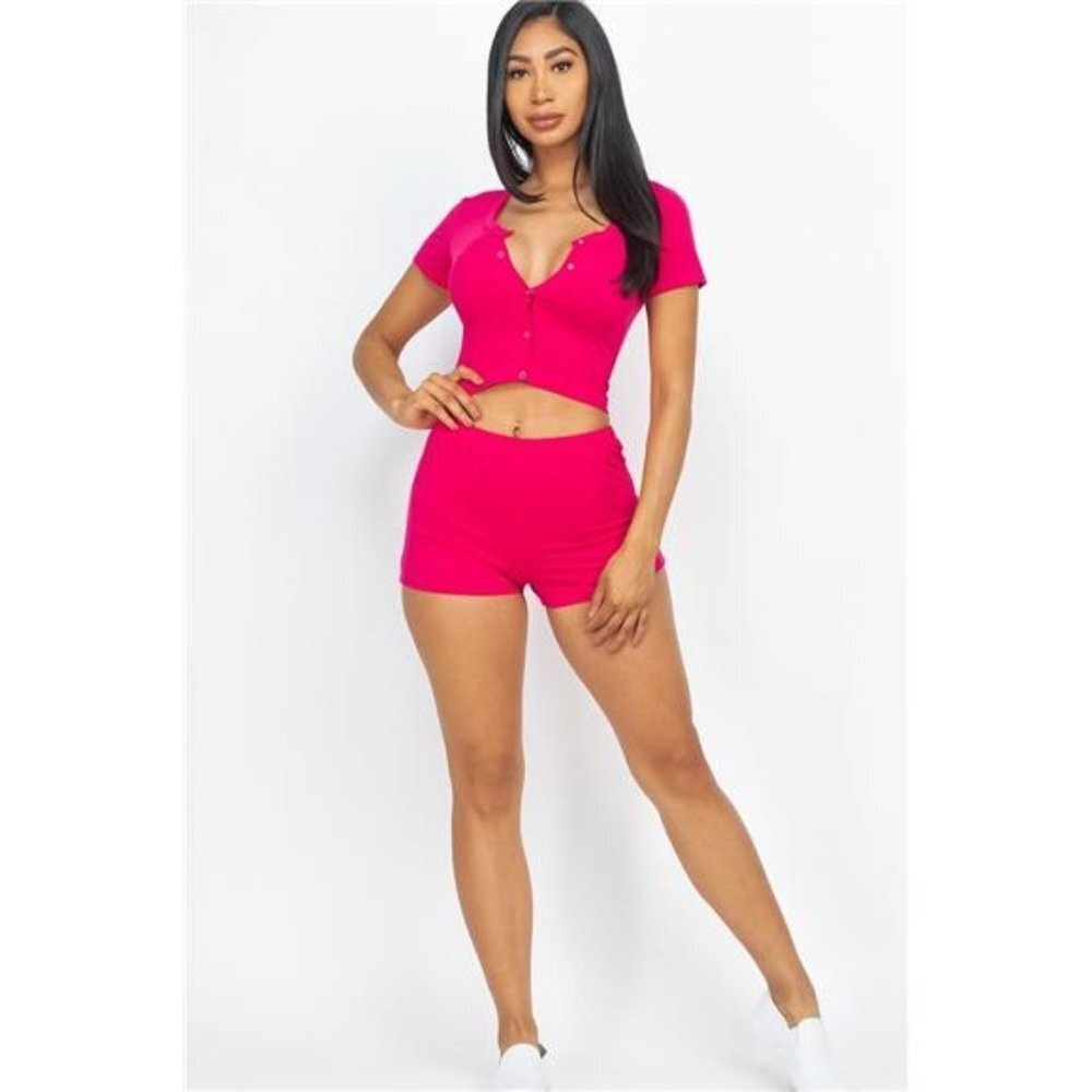 2 Piece Fuchsia Cropped Tank Top and Shorts Set With Button Detail -Loungewear